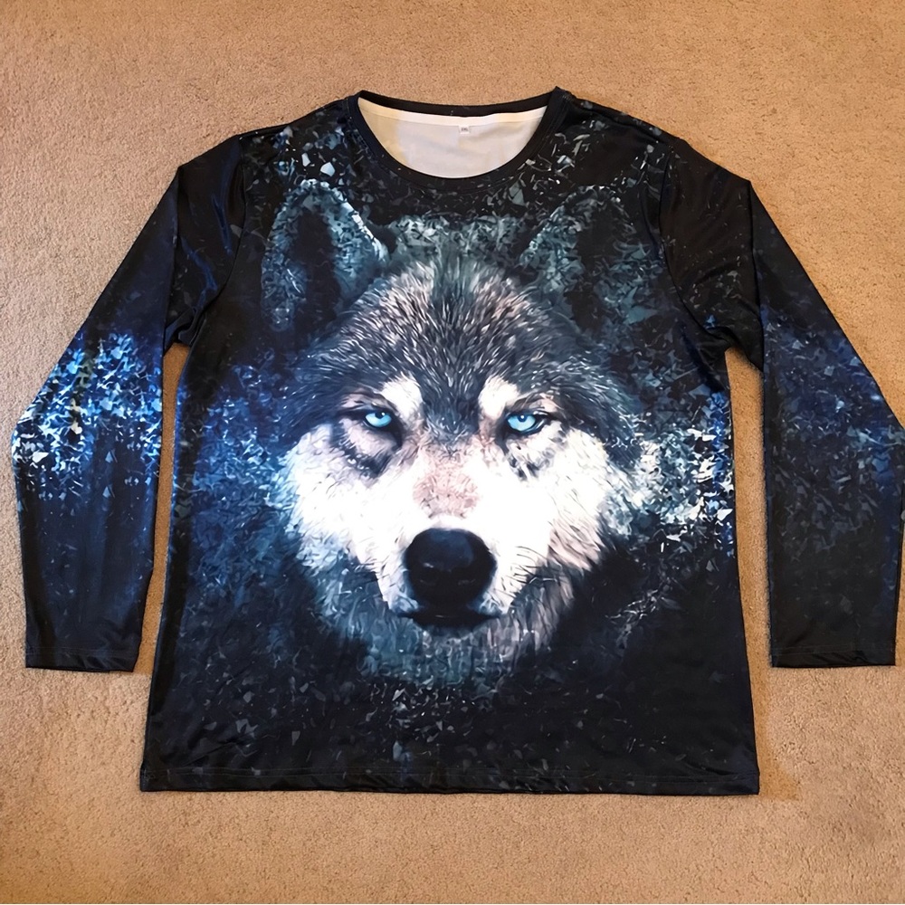 Blue Eyes Wolf Print Long Sleeve Graphic Tee Double Sided Size 2XL Athletic Blue